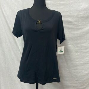 Ellen Tracy black tee, gold emblem at neck, 100% cotton, size Large, NWT